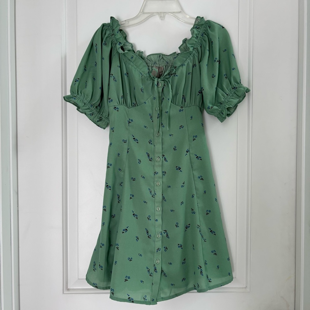 ASOS Green Floral Puff Sleeve Mini Dress with Blue Accents
